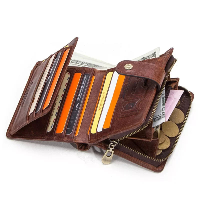 CONTACT'S Genuine Leather RFID Vintage Wallet Men With Coin Pocket Short Wallets Small Zipper Wallet With Card Holders Man Purse