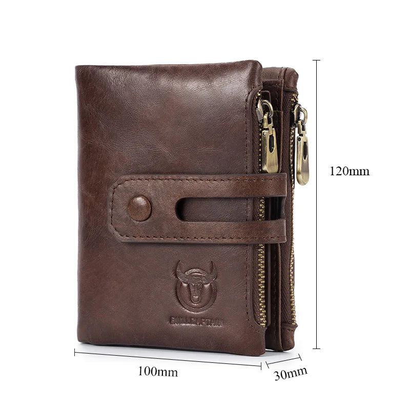 BULLCAPTAIN Genuine Leather RFID Men Wallet Credit Business Card Holders Double Zipper Cowhide Leather Wallet Purse Carteira 021