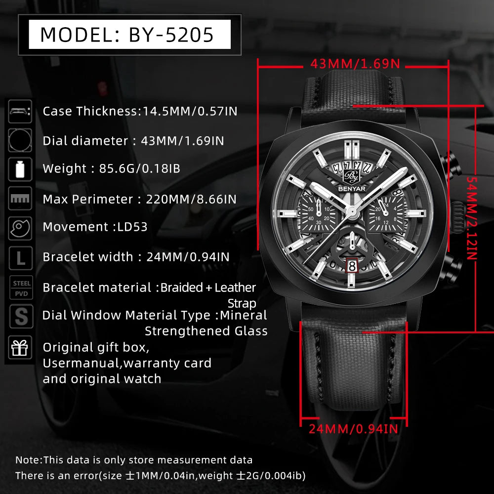 Benyar design 2025 relógio de quartzo masculino 43mm mostrador luminoso 50m resistente à água anti-reflexo cronógrafo elegante