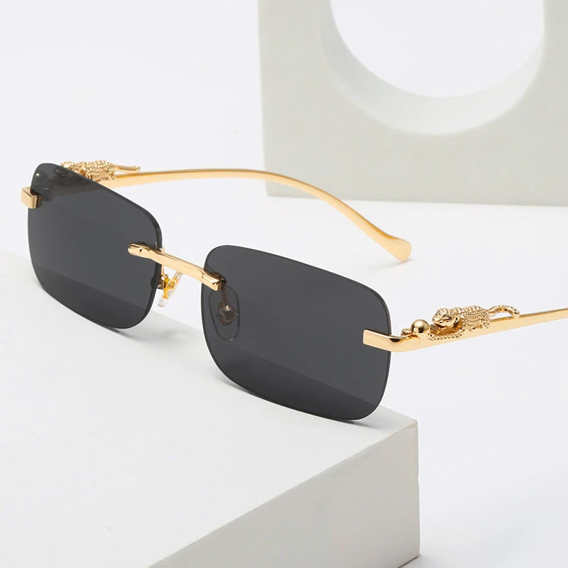 Gold Black Rectangular Sunglasses With Metal Hinge Rimless Metal sunglasses Summer fashion Travel Street Photo Sunglasses