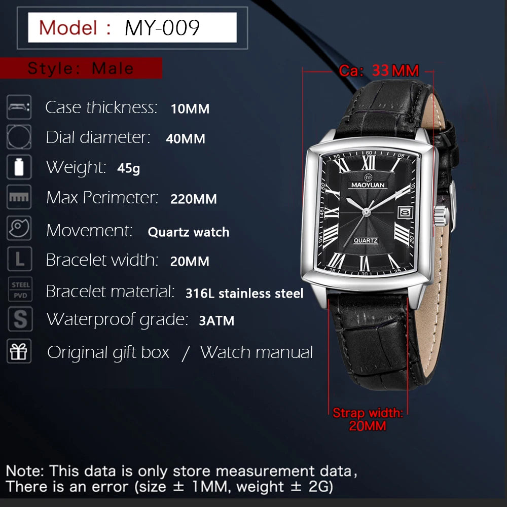 New Square European and American Casual Leather Quartz Watch Waterproof Sports Calendar Roman Digital watches for man