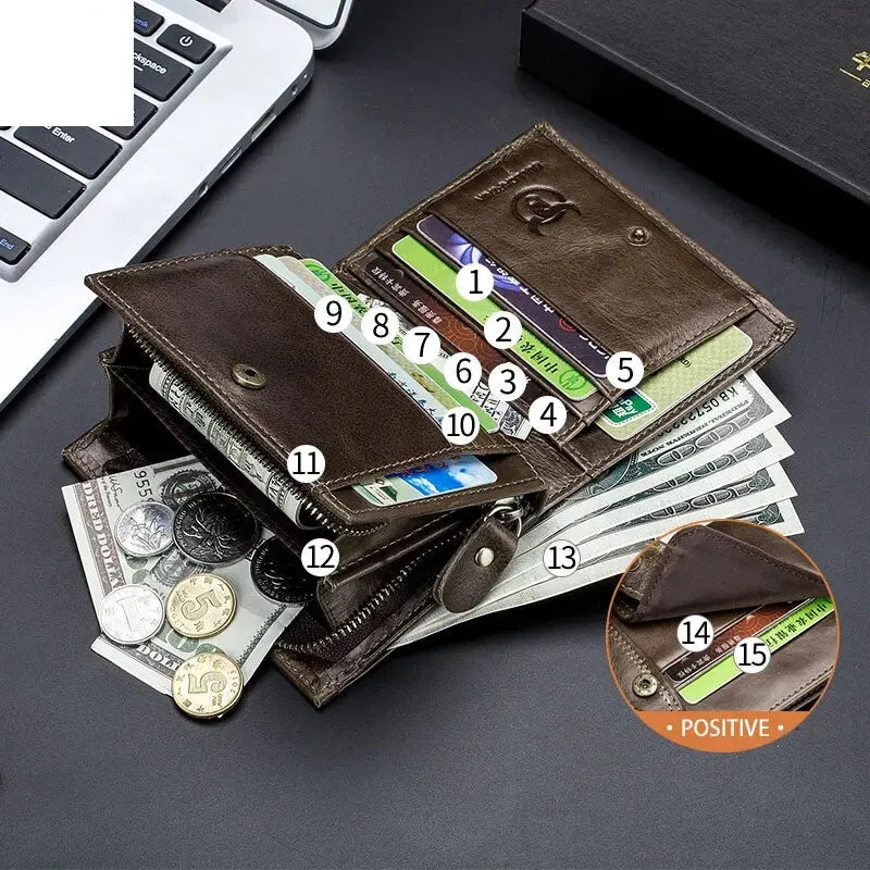 BULLCAPTAIN Men RFID Blocking Bifold Wallet Genuine Leather Card Holder Wallets with 15 Card Slots