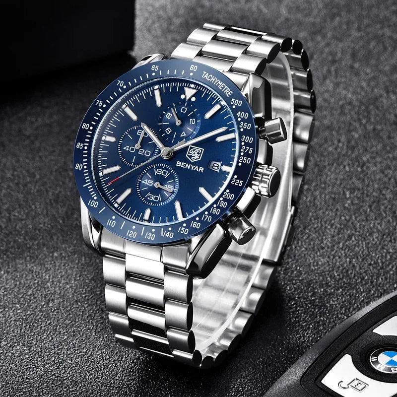 Relógio masculino benyar marca superior de luxo aço completo negócios relógio quartzo masculino casual à prova dwaterproof água esportes relógios relogio masculino