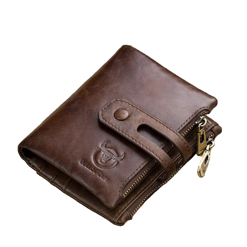 BULLCAPTAIN Genuine Leather RFID Men Wallet Credit Business Card Holders Double Zipper Cowhide Leather Wallet Purse Carteira 021