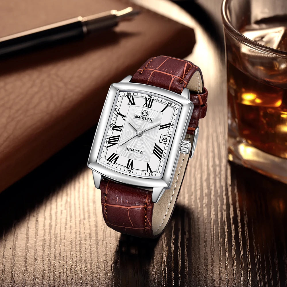 New Square European and American Casual Leather Quartz Watch Waterproof Sports Calendar Roman Digital watches for man