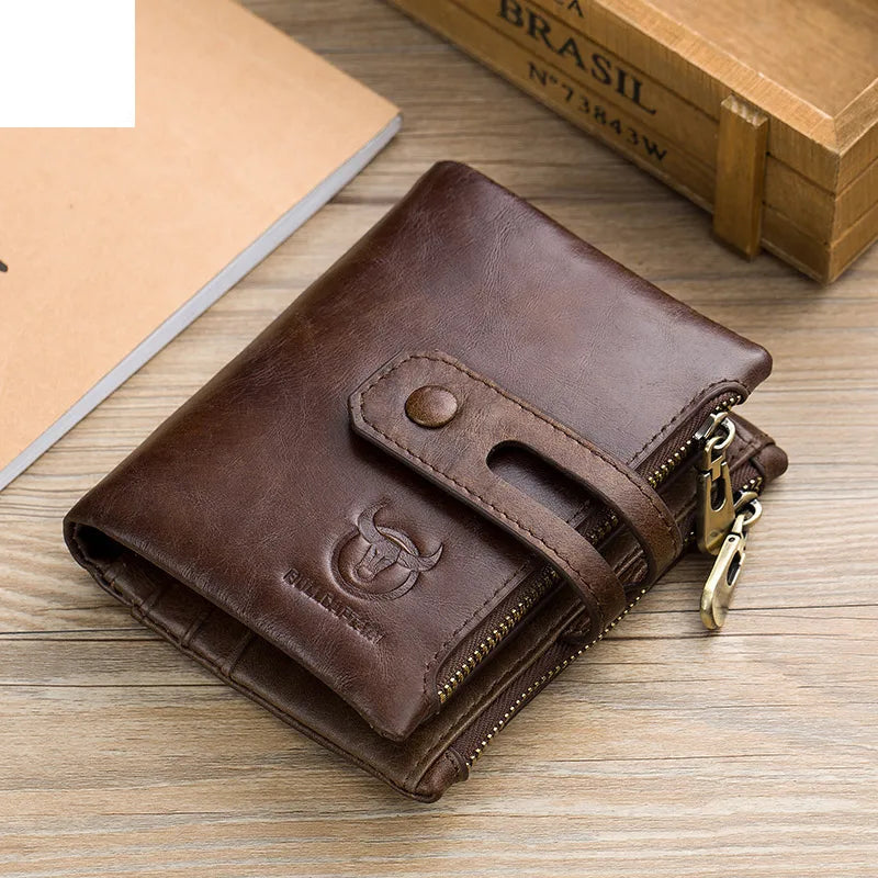 BULLCAPTAIN Genuine Leather RFID Men Wallet Credit Business Card Holders Double Zipper Cowhide Leather Wallet Purse Carteira 021