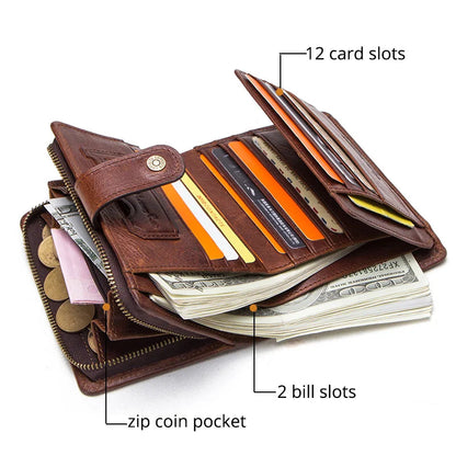 CONTACT'S Genuine Leather RFID Vintage Wallet Men With Coin Pocket Short Wallets Small Zipper Wallet With Card Holders Man Purse