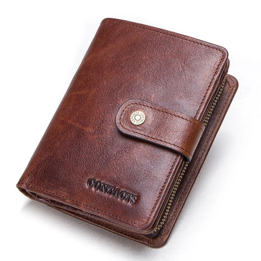 CONTACT'S Genuine Leather RFID Vintage Wallet Men With Coin Pocket Short Wallets Small Zipper Wallet With Card Holders Man Purse