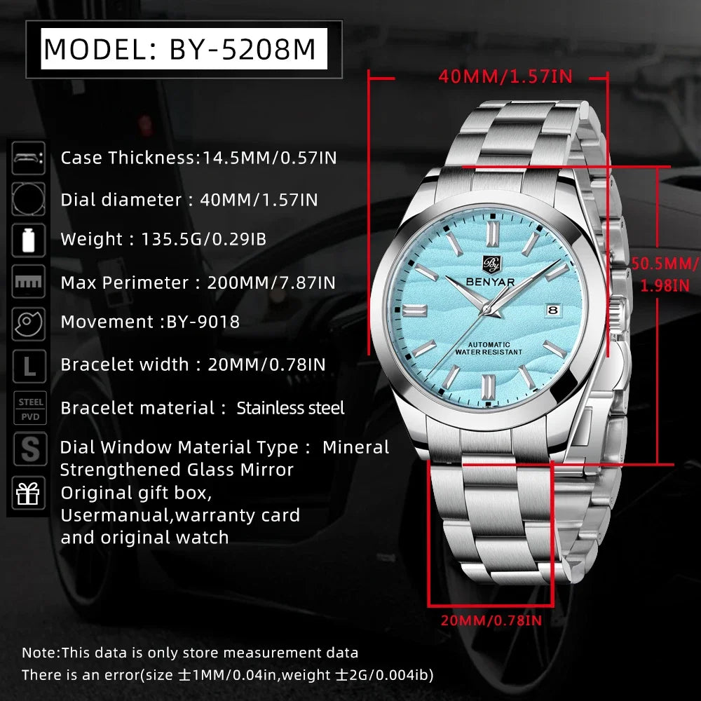 Benyar 2024 areia estrada venda quente 40mm relógio mecânico 316l aço inoxidável 50m à prova dwaterproof água z relógio mecânico automático masculino