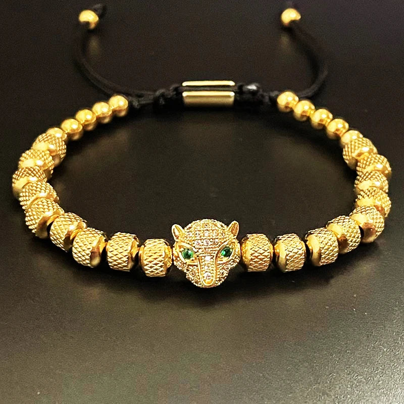 Luxury Stainless Steel Beads Beaded Leopard Head Man Bracelet For Women Hand Jewelry Couple Gift