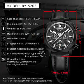 Benyar design 2025 relógio de quartzo masculino 43mm mostrador luminoso 50m resistente à água anti-reflexo cronógrafo elegante
