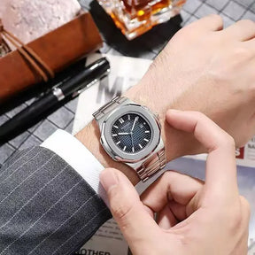 Fashion Luxury Business Square Quartz Watches Classic Stripe Design Dial with Stainless Steel Band Wristwatch for Men