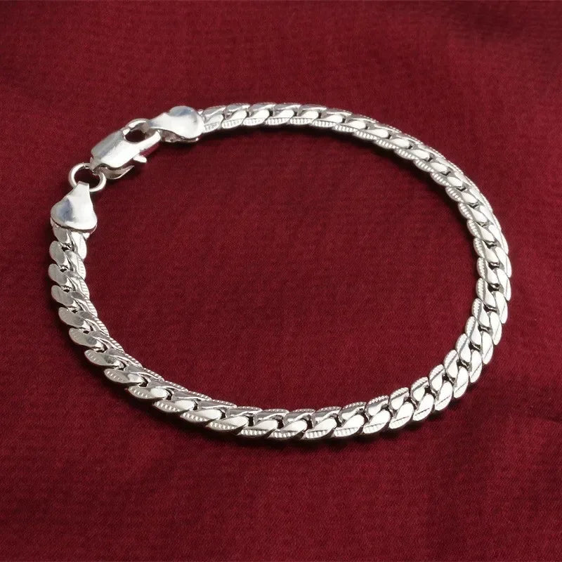 925 Sterling Silver Bracelet 6mm 18cm Flat Side Chain Lobster Clasp For Woman Man Wedding Engagement Jewelry Silver Bracelet