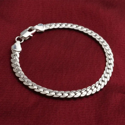 925 Sterling Silver Bracelet 6mm 18cm Flat Side Chain Lobster Clasp For Woman Man Wedding Engagement Jewelry Silver Bracelet