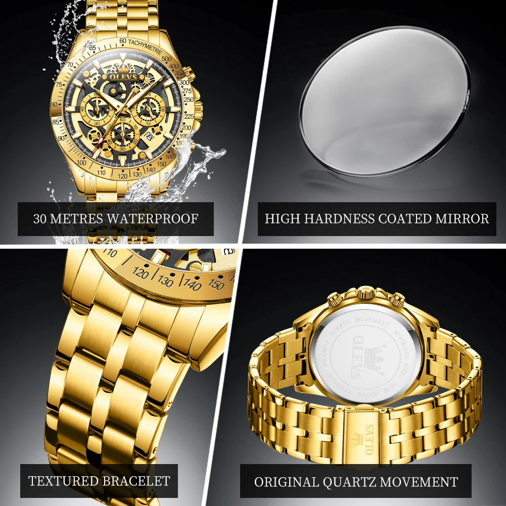 Olevs lxuxry marca ouro relógios masculinos esqueleto completo cronógrafo de aço inoxidável relógio de pulso à prova dwaterproof água luminoso relógio de quartzo masculino