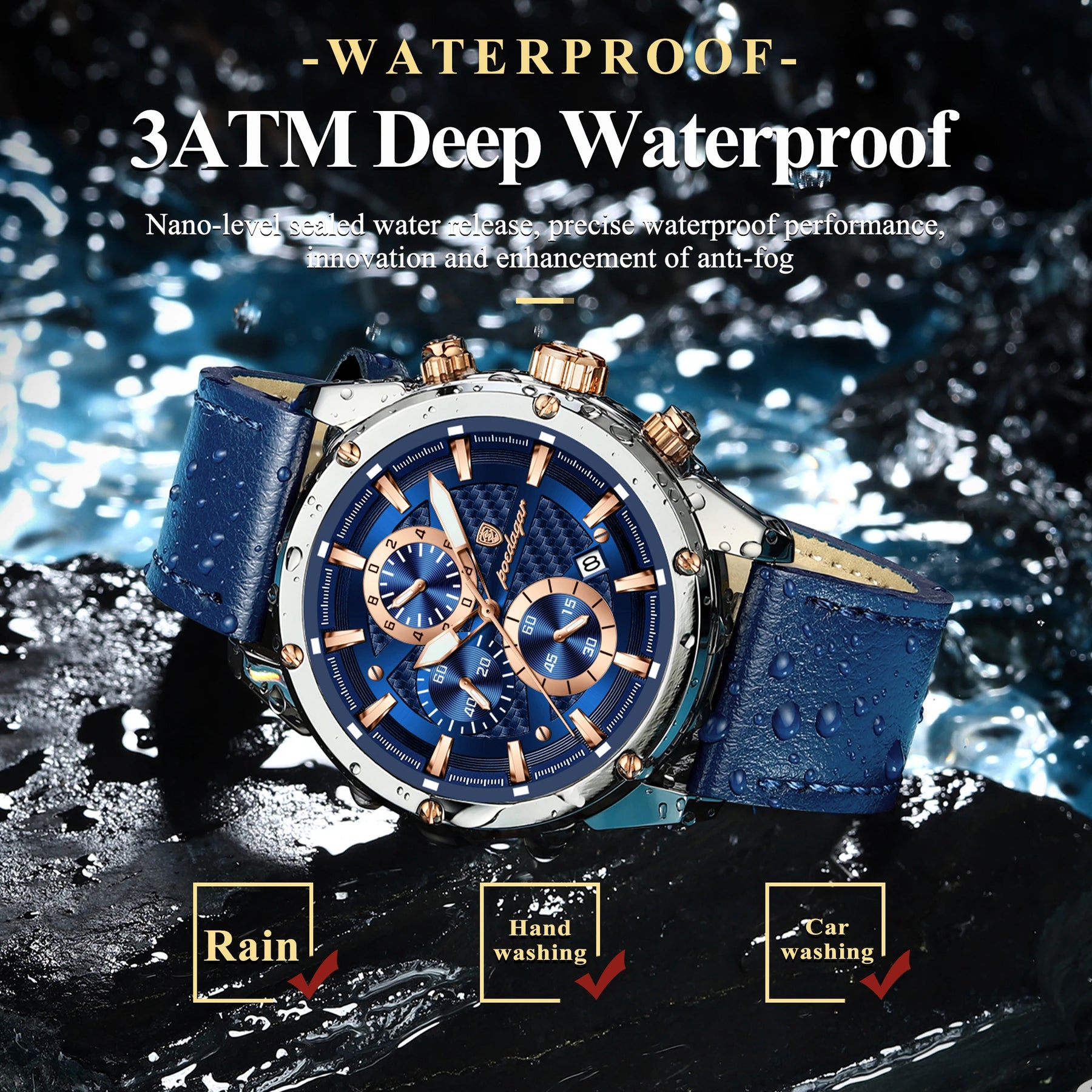 Poedagar homem de negócios relógio à prova dwaterproof água luminosa cronógrafo data relógios originais para homem couro luxo relógio de pulso de quartzo