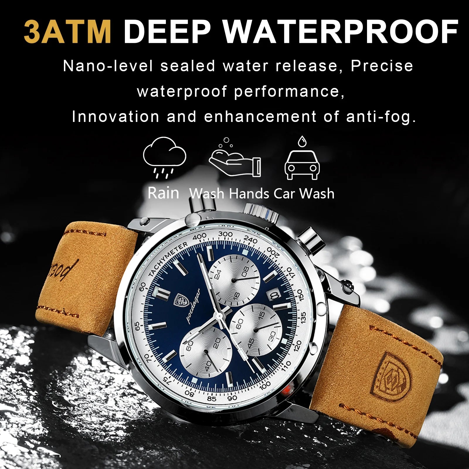 Poedagar avançado calendário à prova dwaterproof água luz noturna temporizador relógio masculino negócios de luxo moda relógio de couro masculino
