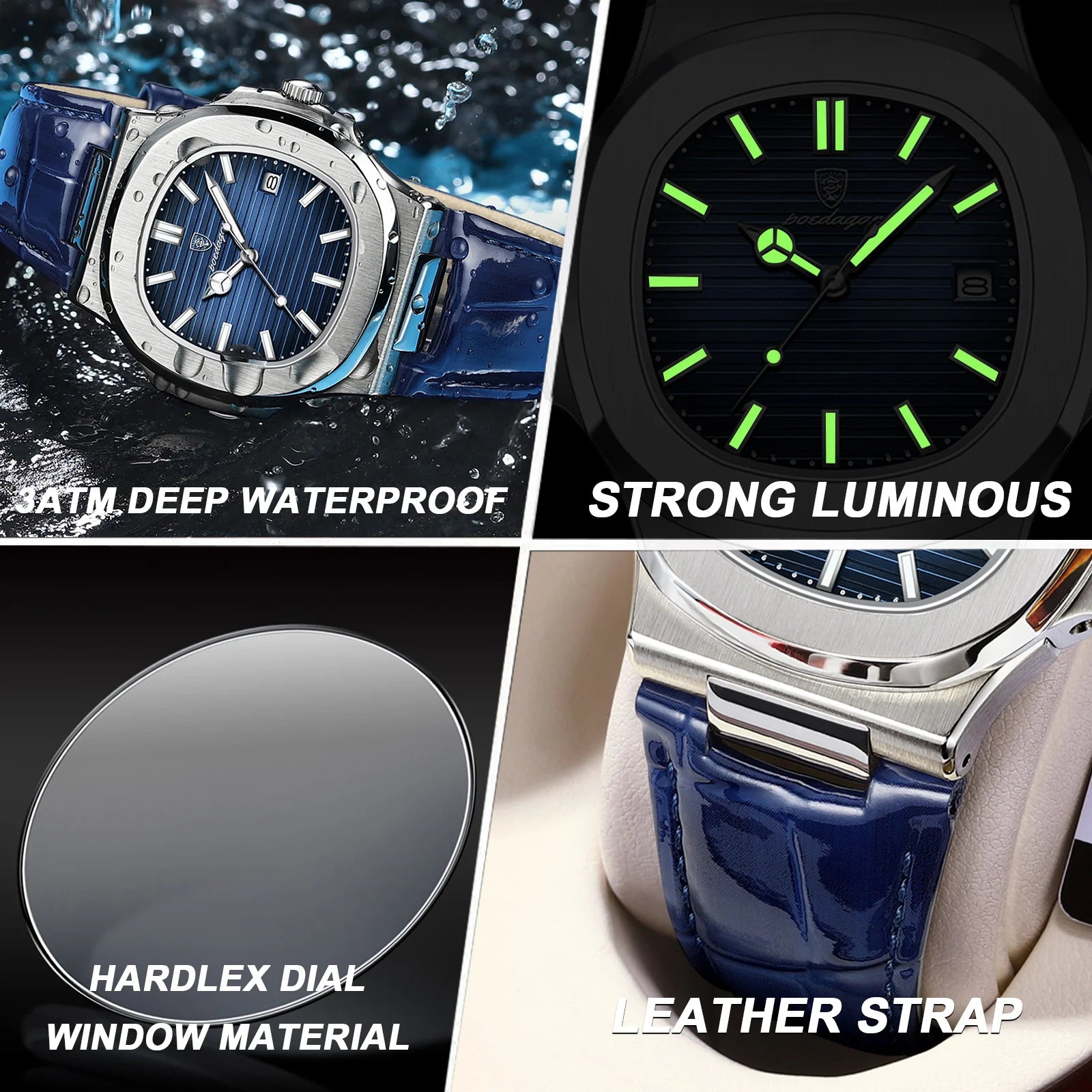 Top Luxury Man Watch Date Waterproof Luminous Leather Watches For Men High Quality Square Men's Quartz Wristwatch Reloj