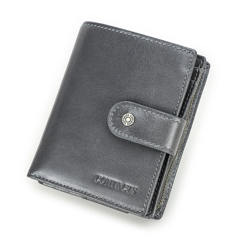 CONTACT'S Genuine Leather RFID Vintage Wallet Men With Coin Pocket Short Wallets Small Zipper Wallet With Card Holders Man Purse