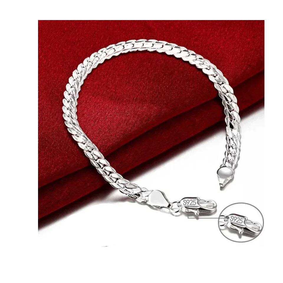 925 Sterling Silver Bracelet 6mm 18cm Flat Side Chain Lobster Clasp For Woman Man Wedding Engagement Jewelry Silver Bracelet