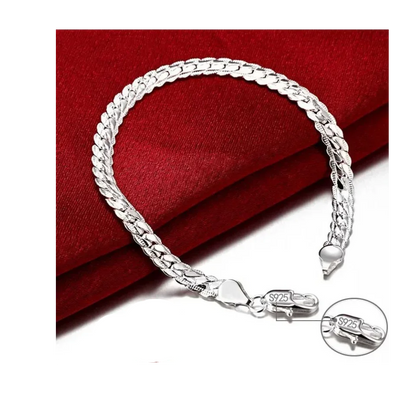925 Sterling Silver Bracelet 6mm 18cm Flat Side Chain Lobster Clasp For Woman Man Wedding Engagement Jewelry Silver Bracelet