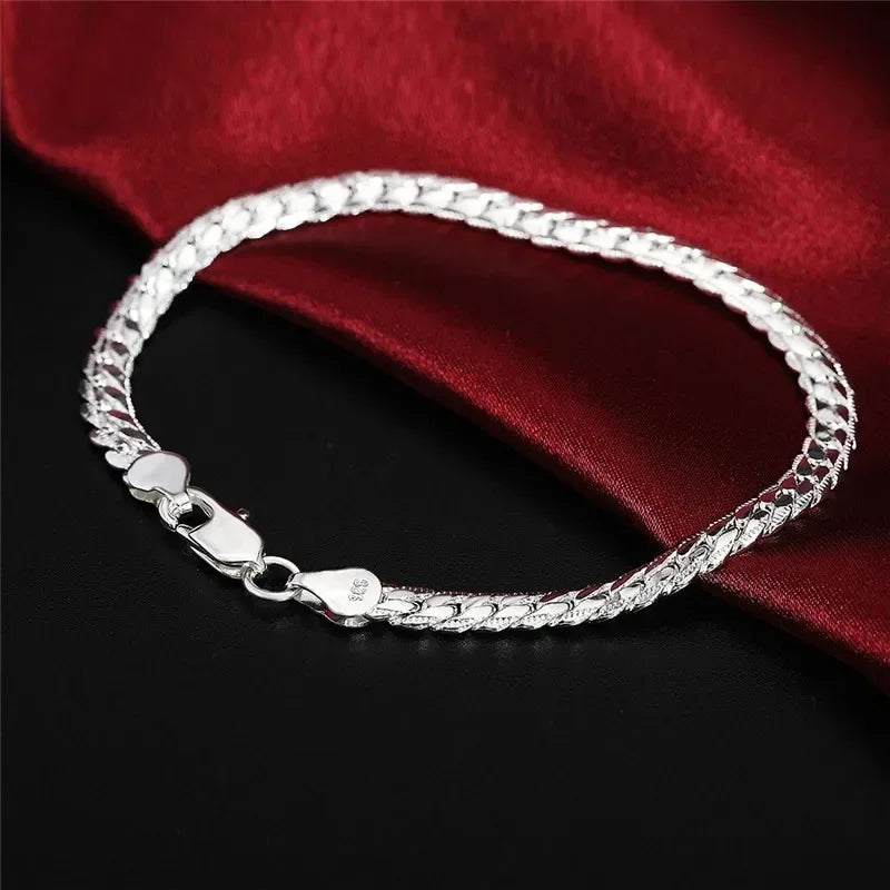 925 Sterling Silver Bracelet 6mm 18cm Flat Side Chain Lobster Clasp For Woman Man Wedding Engagement Jewelry Silver Bracelet