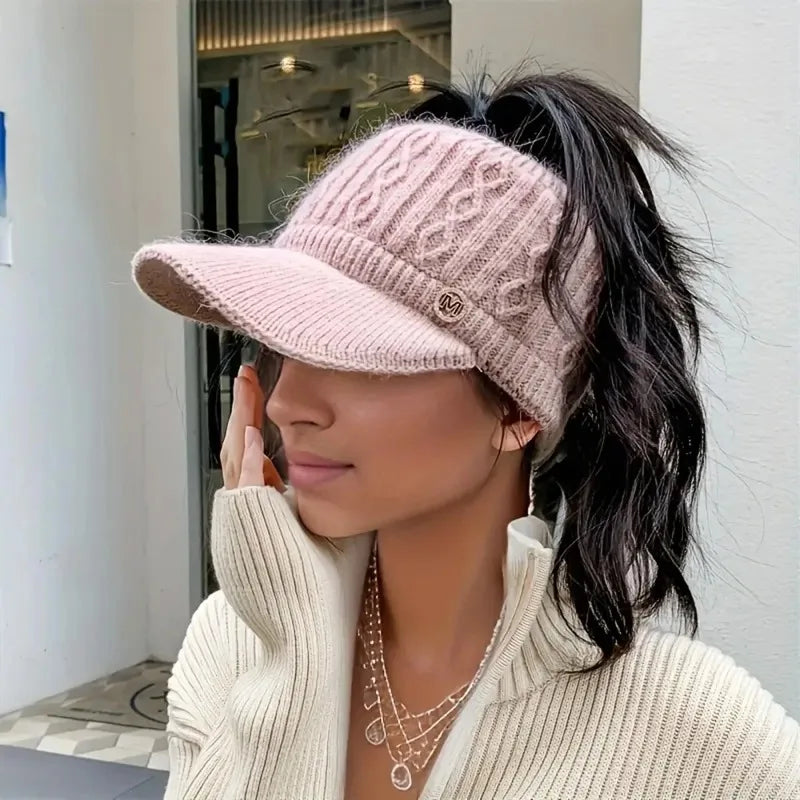 Versatile Wool Knit Ponytail Cap for Women