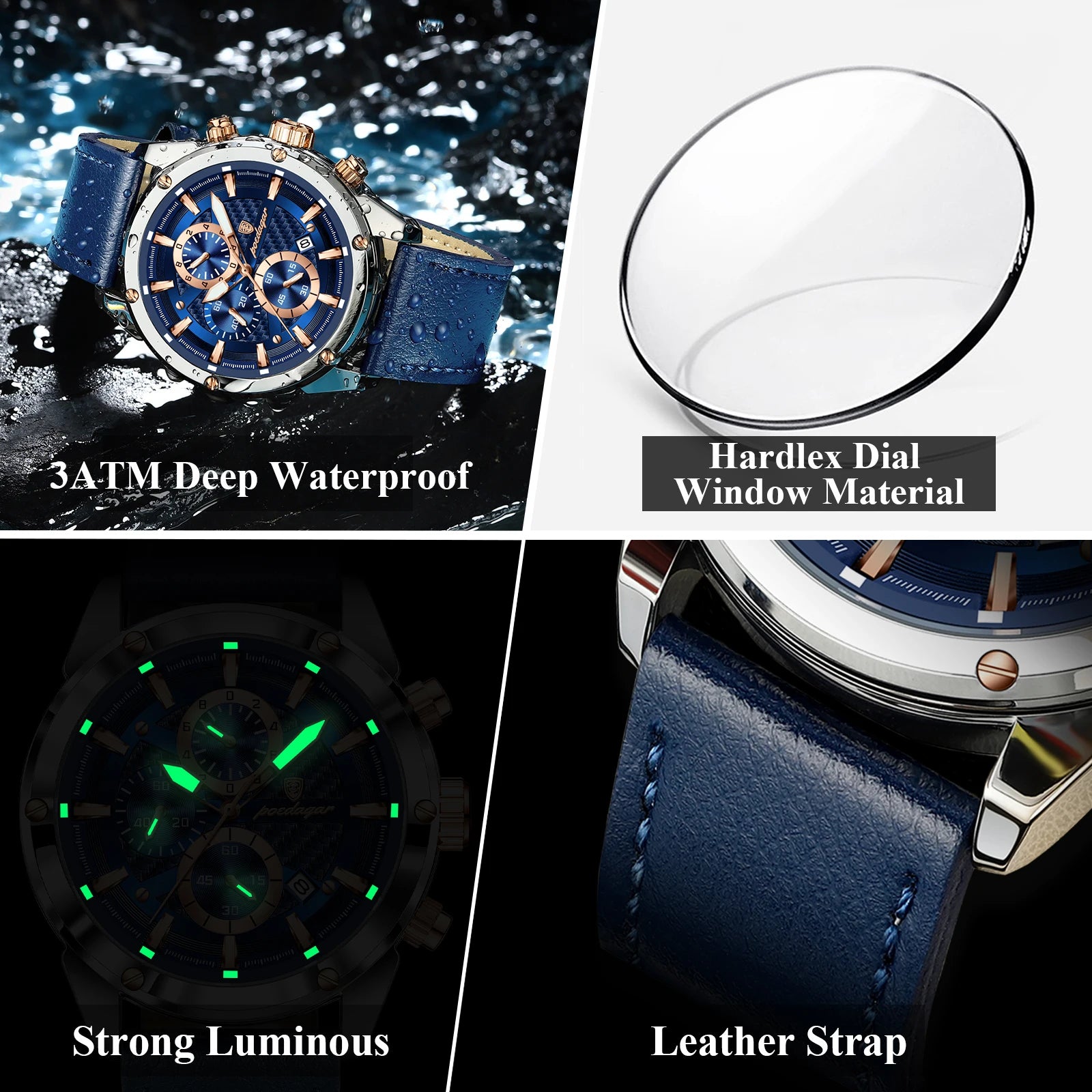 Poedagar homem de negócios relógio à prova dwaterproof água luminosa cronógrafo data relógios originais para homem couro luxo relógio de pulso de quartzo