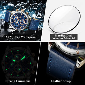 Poedagar homem de negócios relógio à prova dwaterproof água luminosa cronógrafo data relógios originais para homem couro luxo relógio de pulso de quartzo