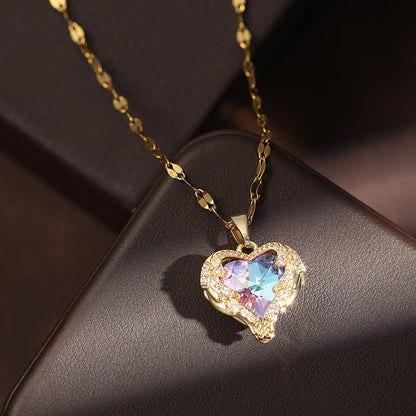 ZAKOL Gorgeous Colorful Zircon Love Heart Pendant Necklace For Women Fashion Stainless Steel Neck Chain Jewelry Gift