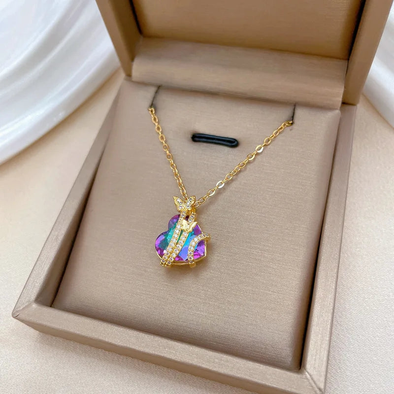 ZAKOL Gorgeous Colorful Zircon Love Heart Pendant Necklace For Women Fashion Stainless Steel Neck Chain Jewelry Gift