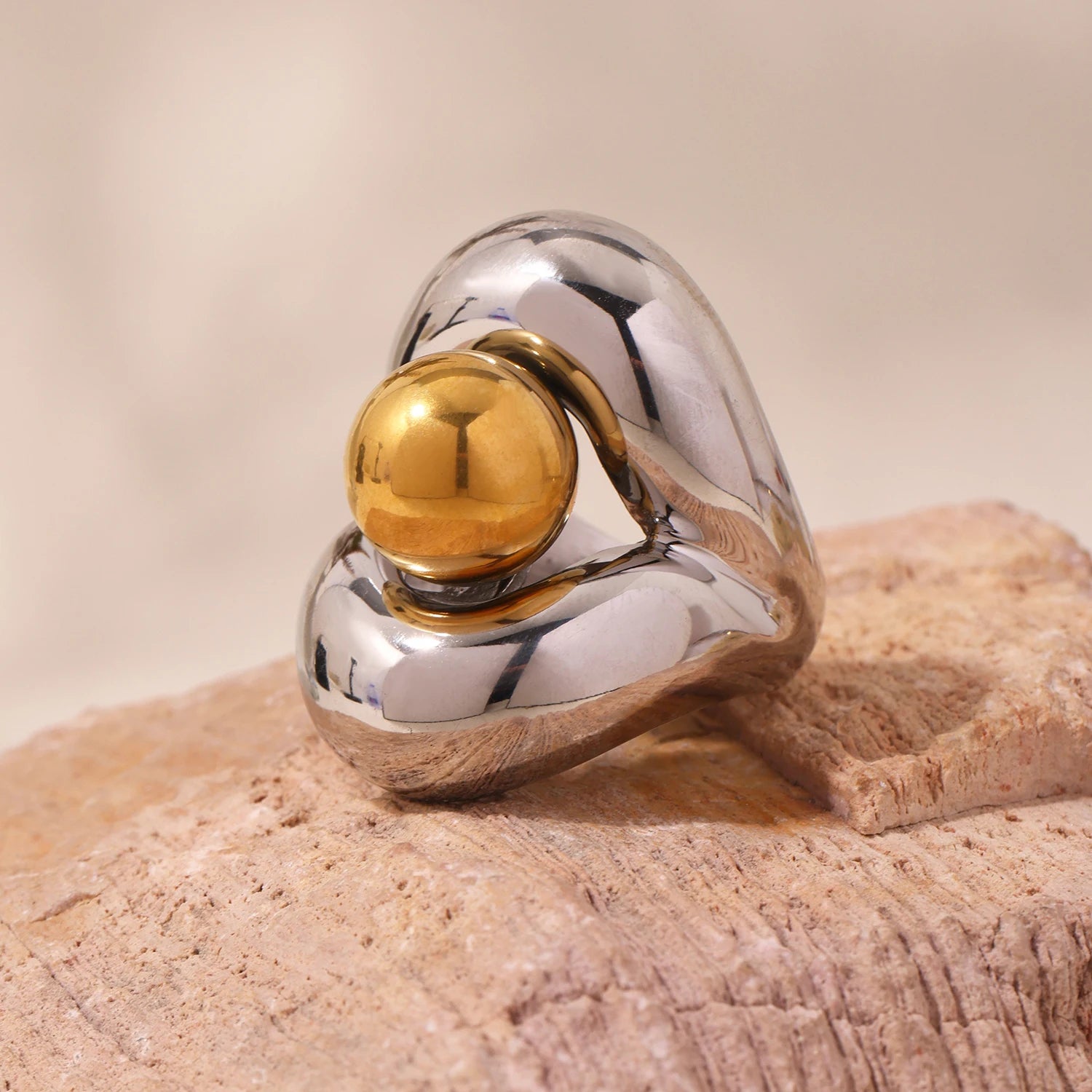 Gold Color Silver Stainless Steel Ring for Womens Fashion Hollow Out Spherical Chunky Rings Female Punk Luxury Jewelry