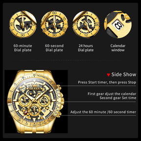 Olevs lxuxry marca ouro relógios masculinos esqueleto completo cronógrafo de aço inoxidável relógio de pulso à prova dwaterproof água luminoso relógio de quartzo masculino