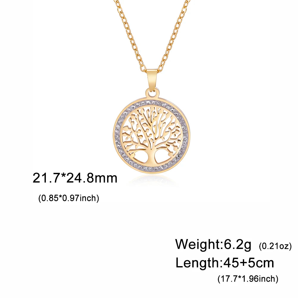 Lemegeton Zircon Tree of Life Necklace Women Stainless Steel Jewelry Round Charm Lucky Accessories Party Valentine's Day Gifts