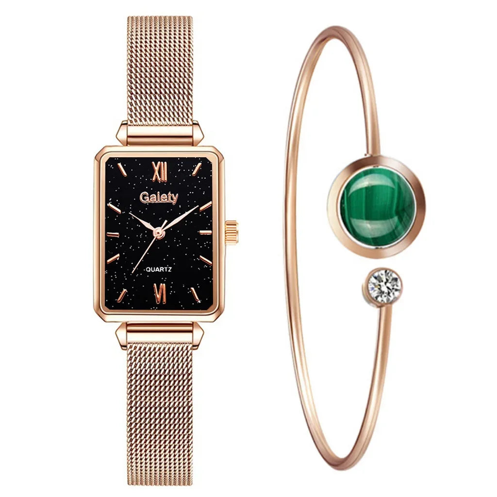 New Women Watch Luxury Bracelet Set Fashion Square Ladies Quartz Watch 