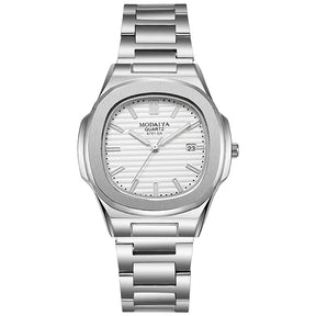 Fashion Luxury Business Square Quartz Watches Classic Stripe Design Dial with Stainless Steel Band Wristwatch for Men