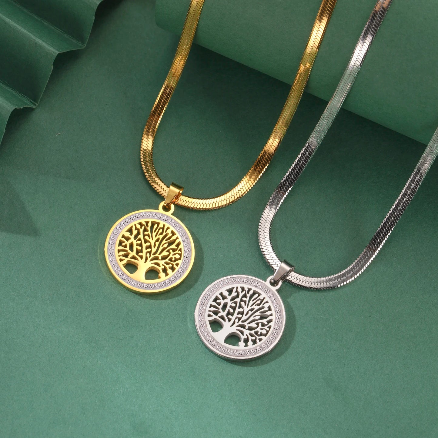 Lemegeton Zircon Tree of Life Necklace Women Stainless Steel Jewelry Round Charm Lucky Accessories Party Valentine's Day Gifts