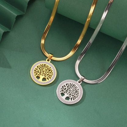 Lemegeton Zircon Tree of Life Necklace Women Stainless Steel Jewelry Round Charm Lucky Accessories Party Valentine's Day Gifts