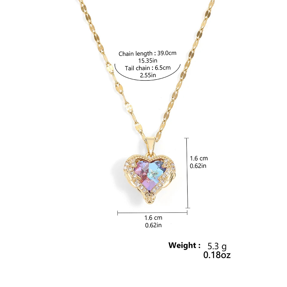 ZAKOL Gorgeous Colorful Zircon Love Heart Pendant Necklace For Women Fashion Stainless Steel Neck Chain Jewelry Gift