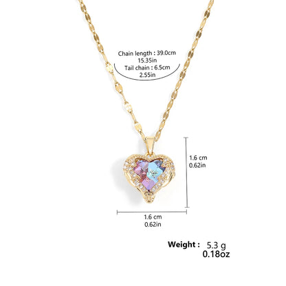 ZAKOL Gorgeous Colorful Zircon Love Heart Pendant Necklace For Women Fashion Stainless Steel Neck Chain Jewelry Gift