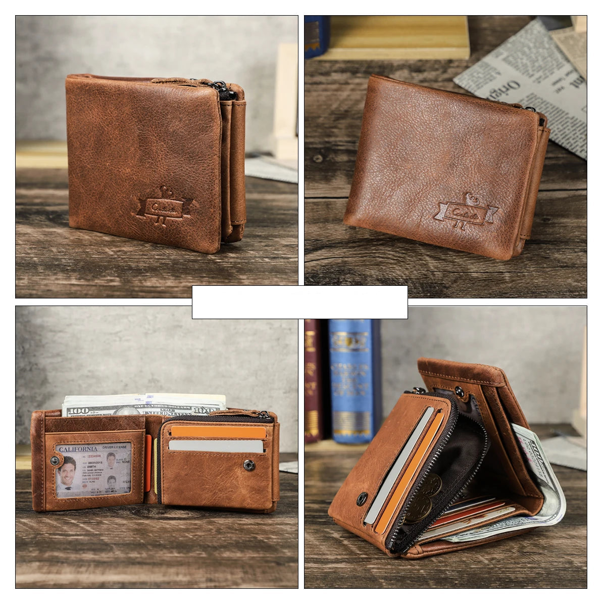 CONTACT'S Genuine Crazy Horse Leather Men Wallets Vintage Trifold Wallet Zip Coin Pocket Purse Cowhide Leather Wallet For Mens
